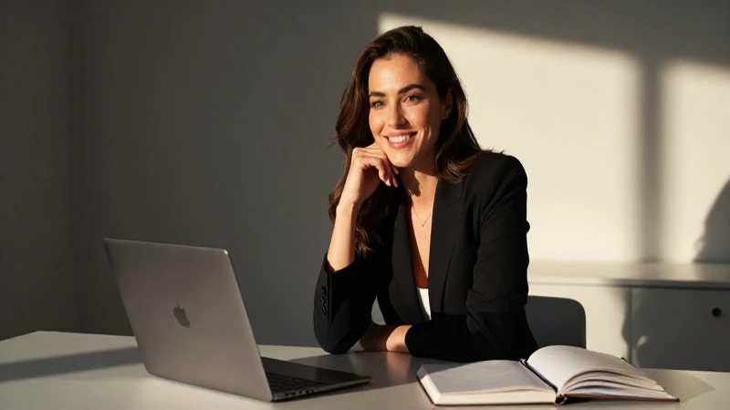Mujer sonríe en espacio moderno y luminoso