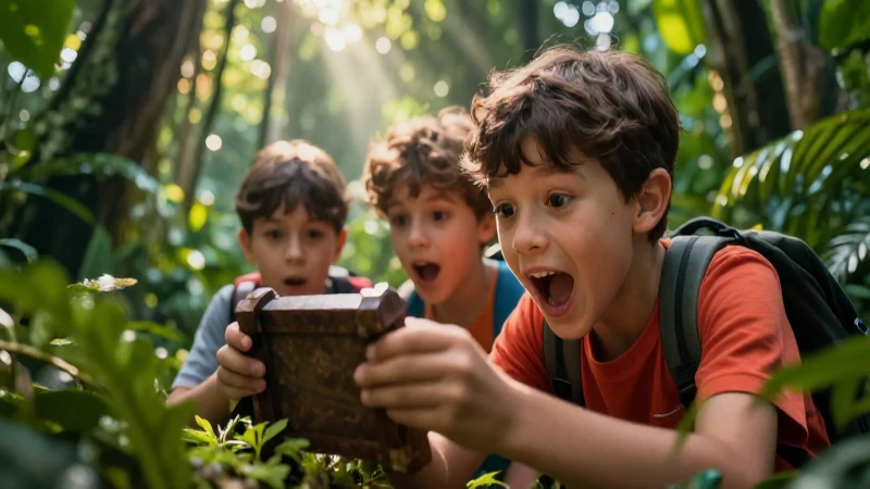 Niños emocionados buscan tesoro en la jungla