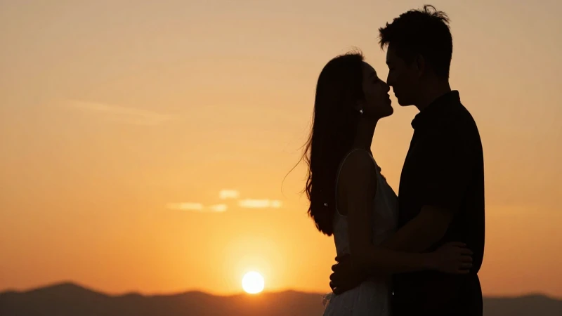 Pareja enamorada, anillo brillante al atardecer