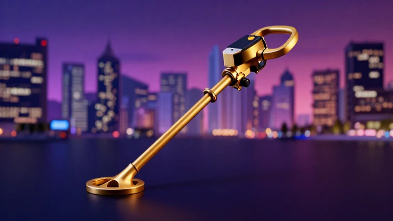 Detector dorado en ciudad cinematográfica vibrante