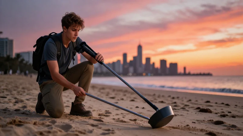 Joven busca tesoros en la playa al atardecer