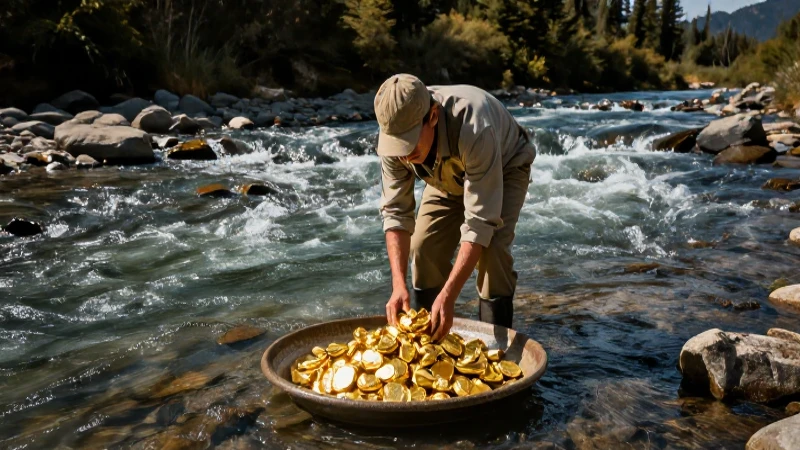 Minero busca oro con luz dramática
