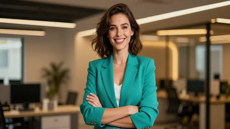 Mujer sonríe con confianza en oficina moderna
