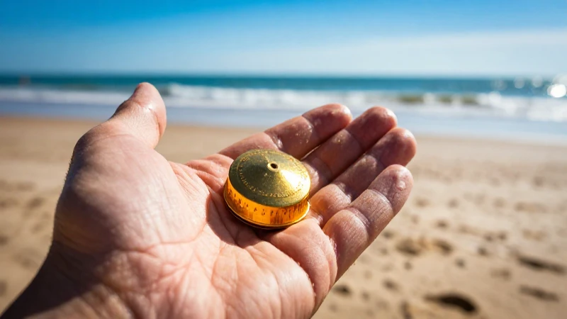 Detector dorado en la playa, imagen cinematográfica