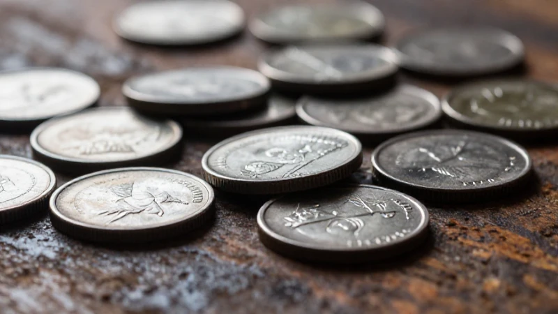 Monedas plateadas dispersas sobre madera envejecida