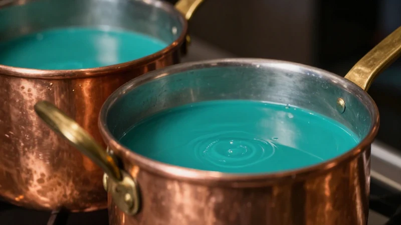 Olla de cobre brillante y reacción turquesa