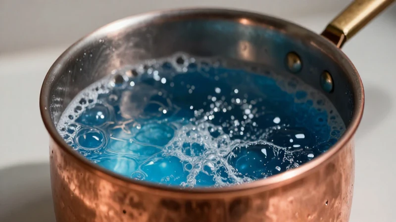 Cobre reluciente diluyendo solución azul para limpieza