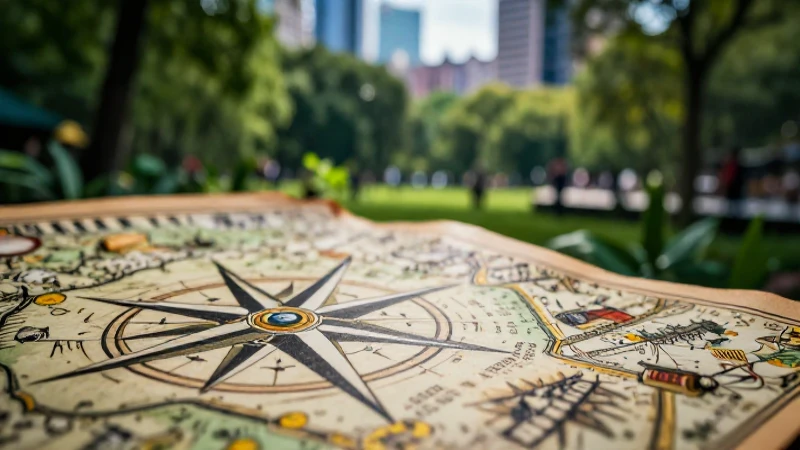 Mapa antiguo en parque vibrante y cinematográfico