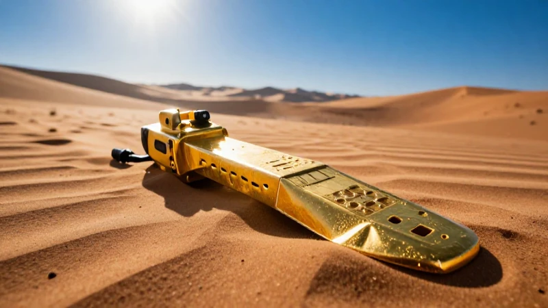 Detector dorado en desierto soleado y cinematográfico