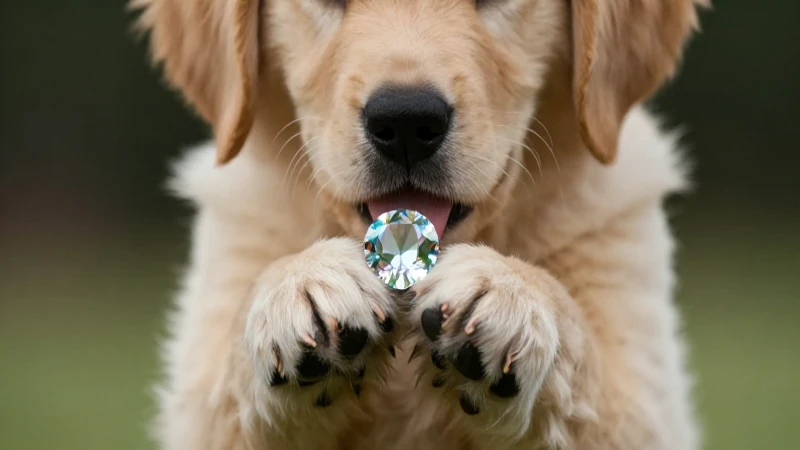 Cachorro dorado sostiene joya brillante con foco