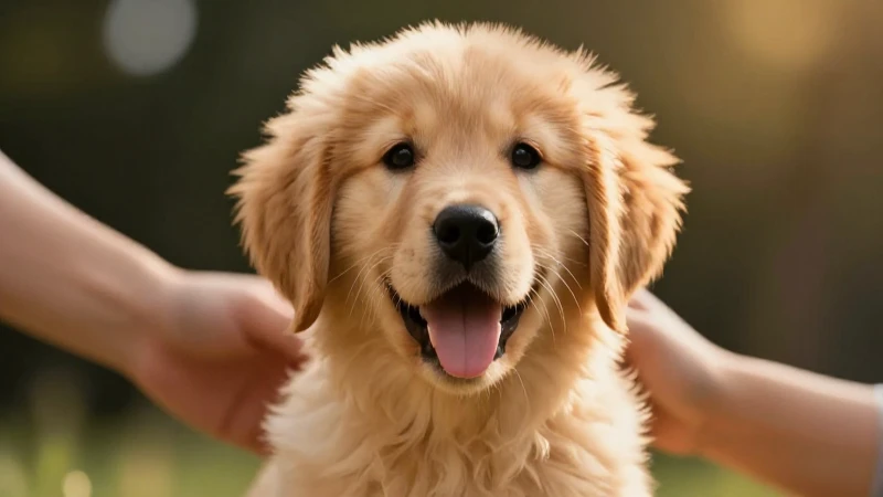Cachorro dorado feliz, acariciado con ternura