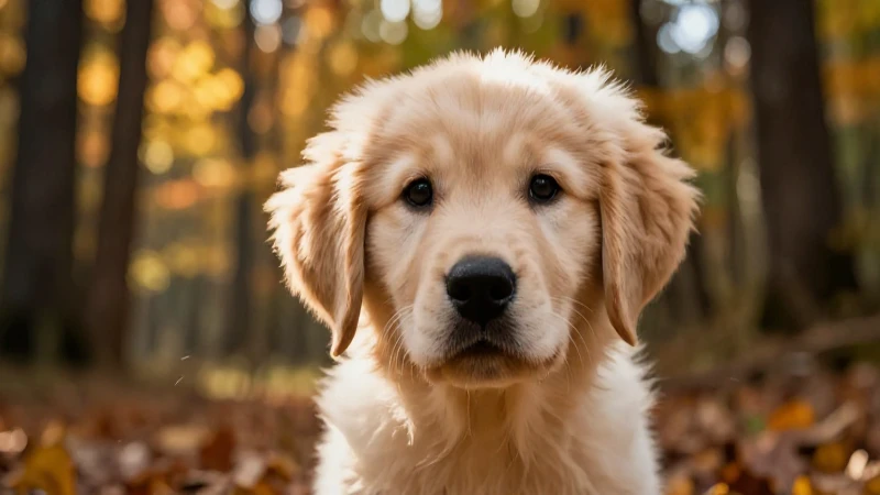 Cachorro dorado juguetón en otoño vibrante