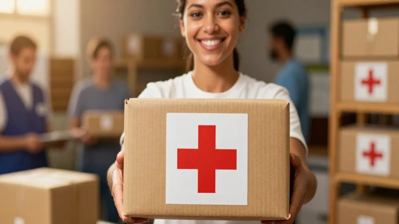 Voluntario sonríe entregando paquete con emblema prominente