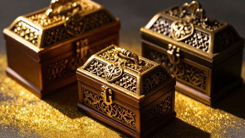 Cajas doradas resplandecen en luz cinematográfica