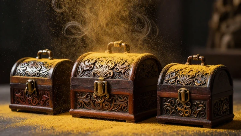 Cajas doradas en primer plano, ambiente misterioso