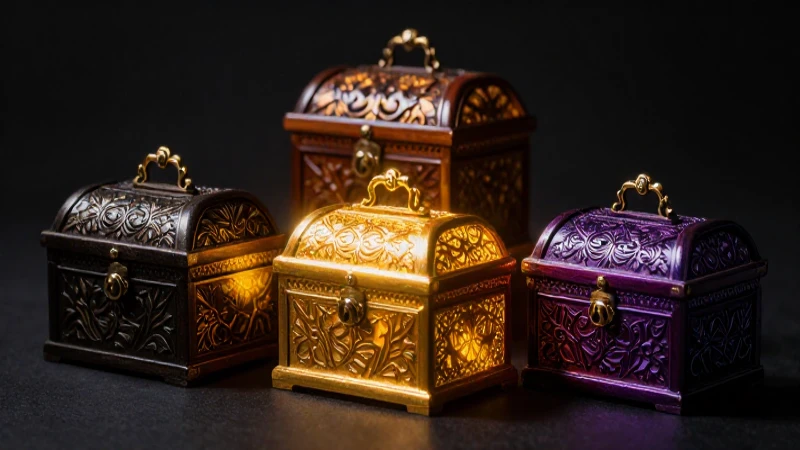 Cajas antiguas irradian luz dorada misteriosa