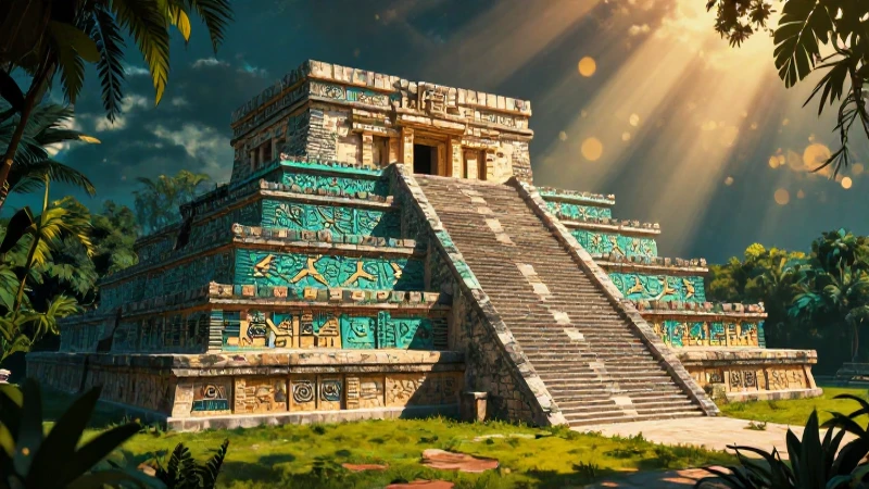 Ruinas aztecas en jungla, iluminación cinematográfica