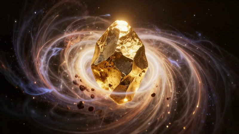 Piedra filosofal dorada, render hiperrealista cinematográfico