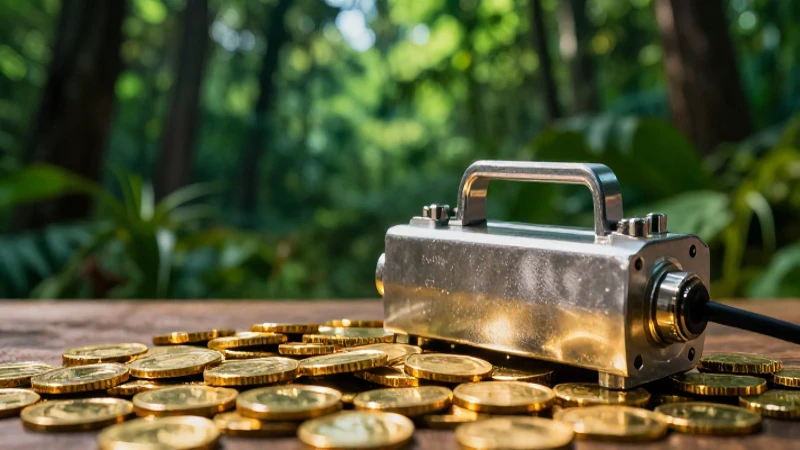 Monedas doradas resaltan en primer plano, bosque exuberante