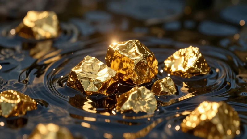 Cuál es el efecto del oro cuando se sumerge en agua 2 Pepitas doradas brillan bajo agua oscura