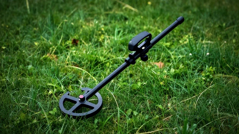 Detector metálico en pasto verde vibrante