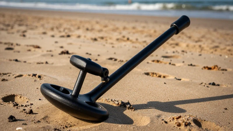 Detector metálico en playa, luz dorada cinematográfica