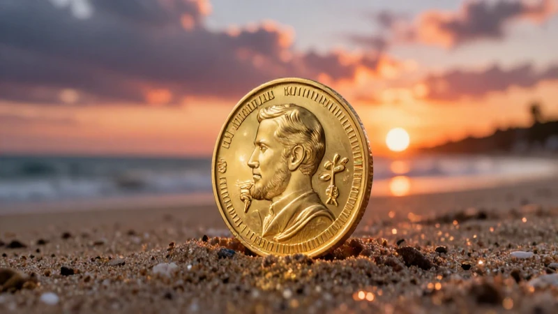 Moneda dorada en playa al atardecer vibrante