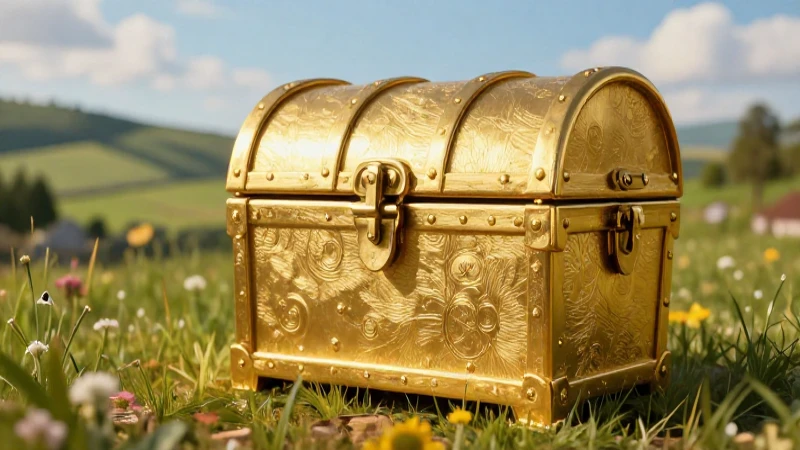 Cofre dorado en paisaje épico y realista