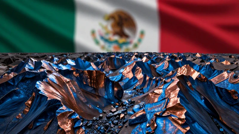 Paisaje minero vívido con bandera mexicana suavemente borrosa