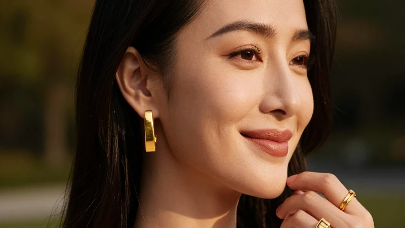 Mujer elegante sonríe con joyería dorada