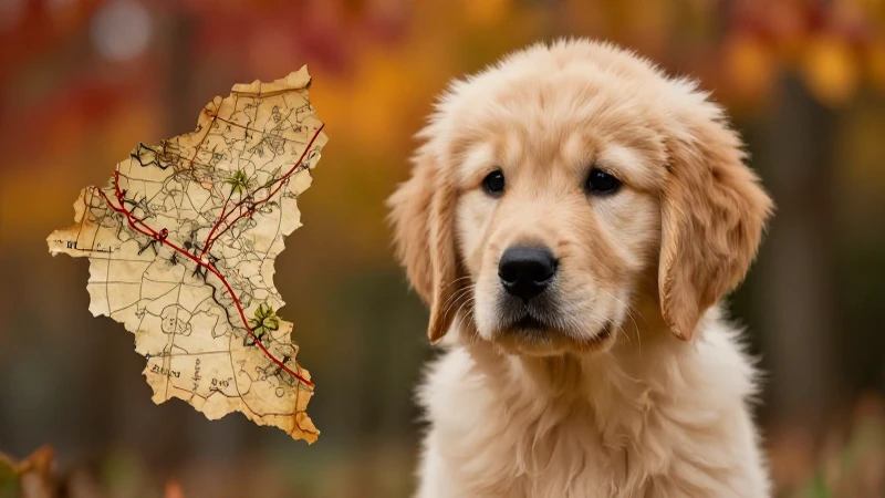 Cachorro dorado en mapa con otoño vívido