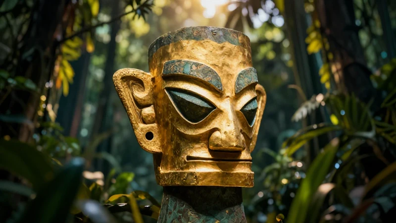 Artefacto dorado en jungla, luz dramática y misteriosa