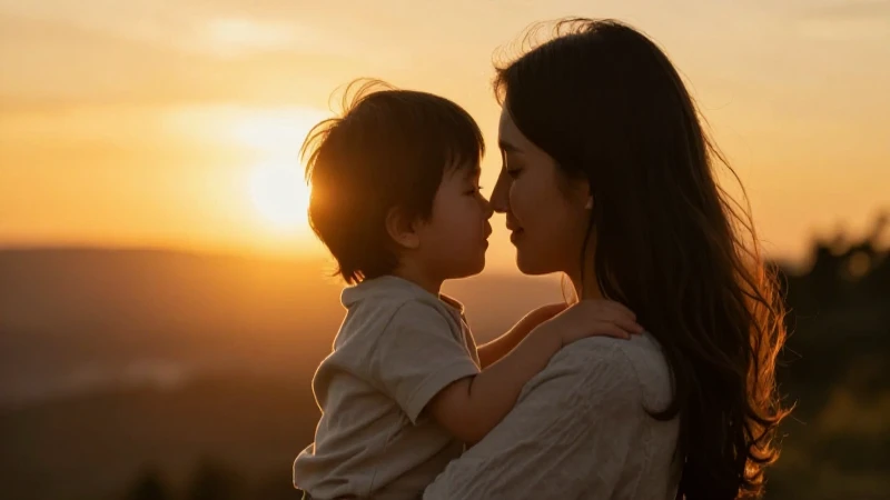 Madre e hijo abrazados al atardecer