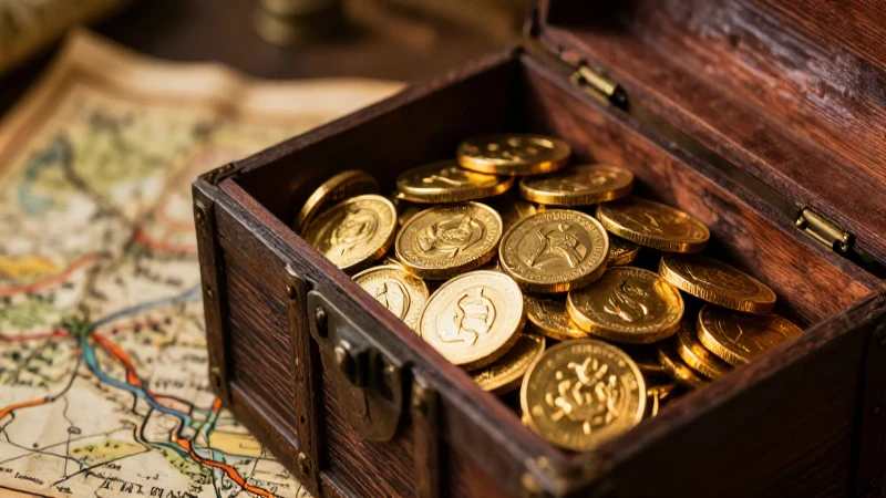 Cofre antiguo con monedas, iluminación dramática y vibrante