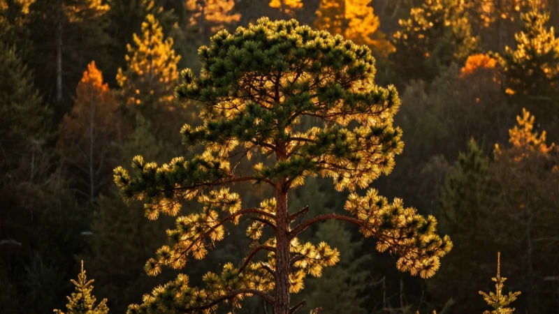 Pino majestuoso ilumina el vibrante bosque