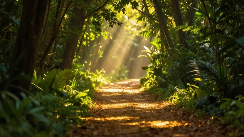 Camino dorado en bosque místico y vibrante