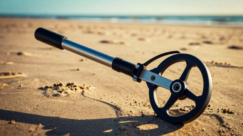 Detector metálico en playa, luz cinematográfica vibrante