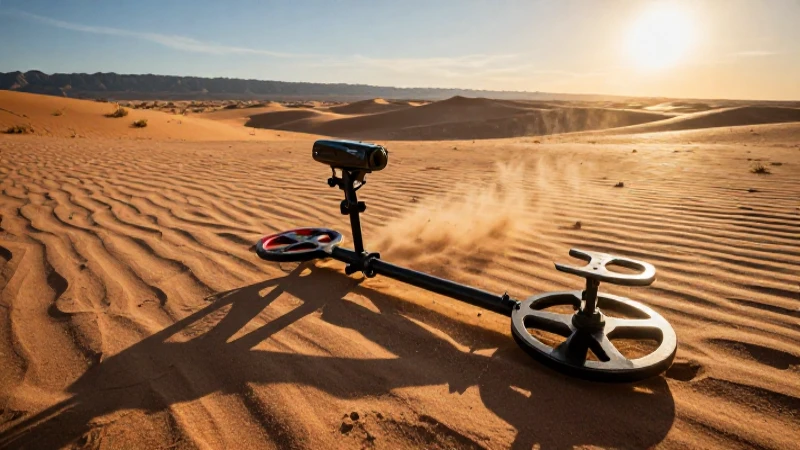 Detector de metales en paisaje desértico dorado