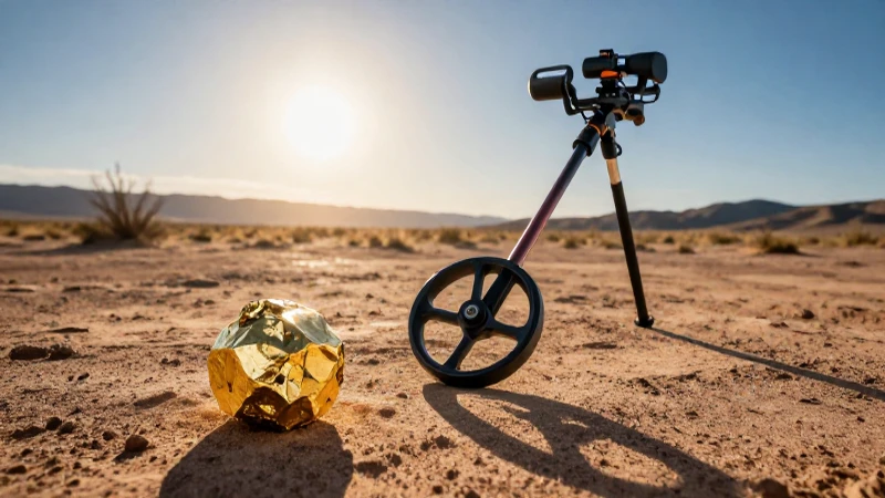 Detector dorado en paisaje desértico cinematográfico
