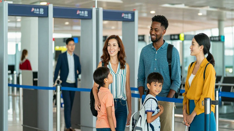 Familia diversa espera sonriendo en el control