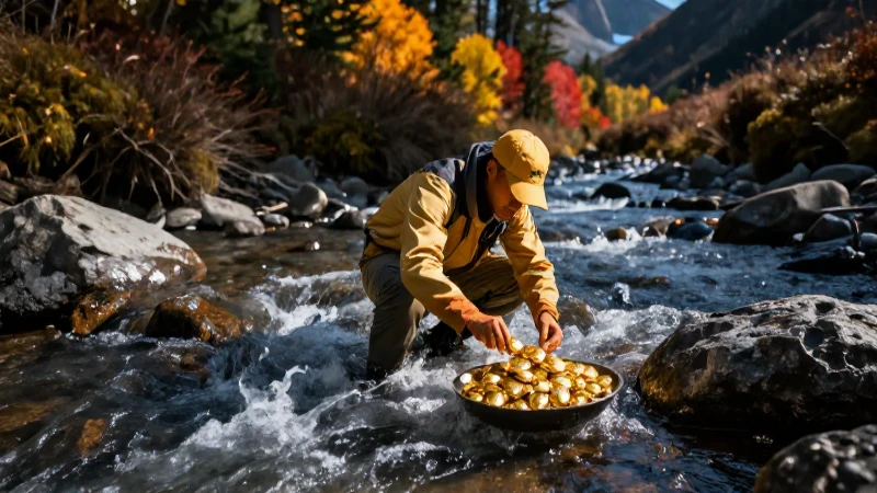 Prospector busca oro en arroyo otoñal