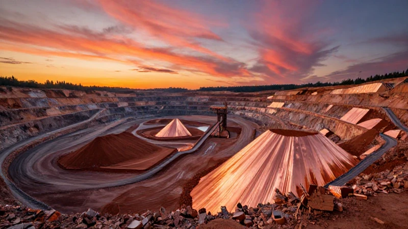 Minería moderna al atardecer: cobre deslumbrante