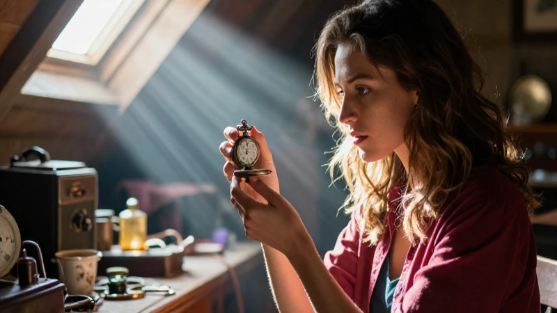 Mujer observa un reloj antiguo en el desván