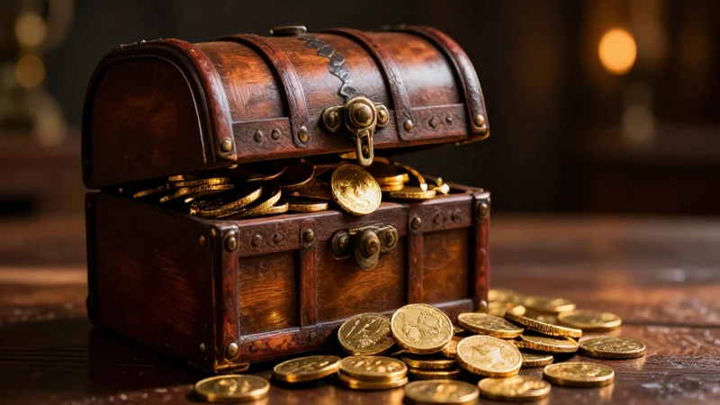 Cofre antiguo con monedas doradas, visualmente cautivador