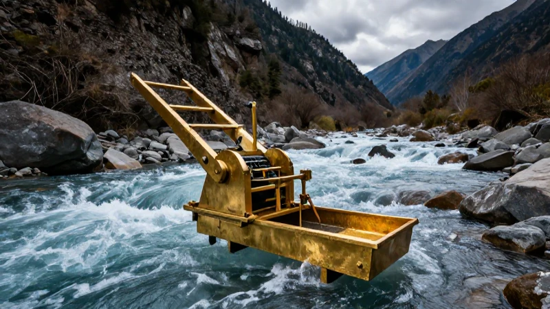 Búsqueda aurífera: río turbio, montaña imponente