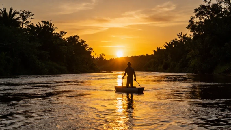 Prospecto busca oro al atardecer dramático