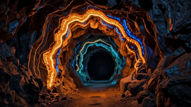 Entrada minera con vetas luminosas y contraste