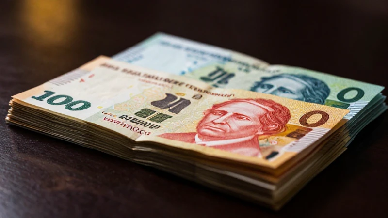 Dinero sudamericano apilado con iluminación dramática