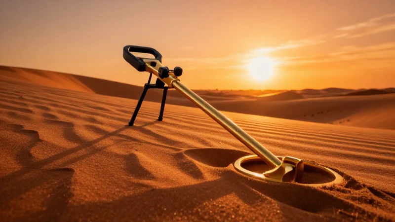 Detectores dorados en dunas bajo atardecer cinematográfico