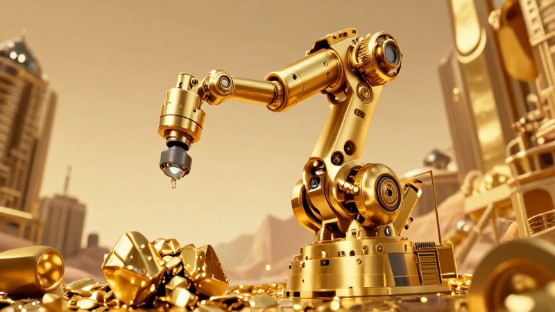 Robot mina oro en paisaje dorado futurista